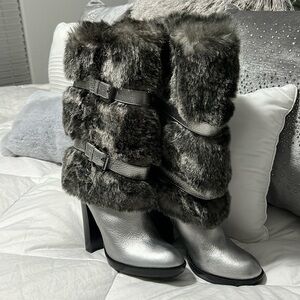 Michael Kors silver faux fur heeled boots 5.5M